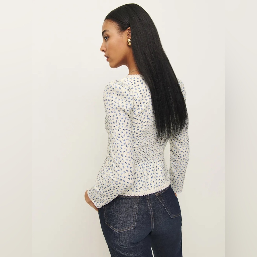 Reformation Cream Floral Button-Front Blouse with Blue Print - Picture 3 of 16